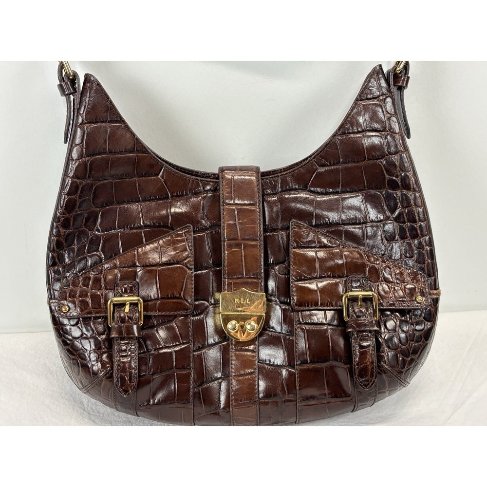 Lauren Ralph Lauren Croc Embossed Leather Hobo Purse Brown Shoulder Bag - Picture 2 of 11
